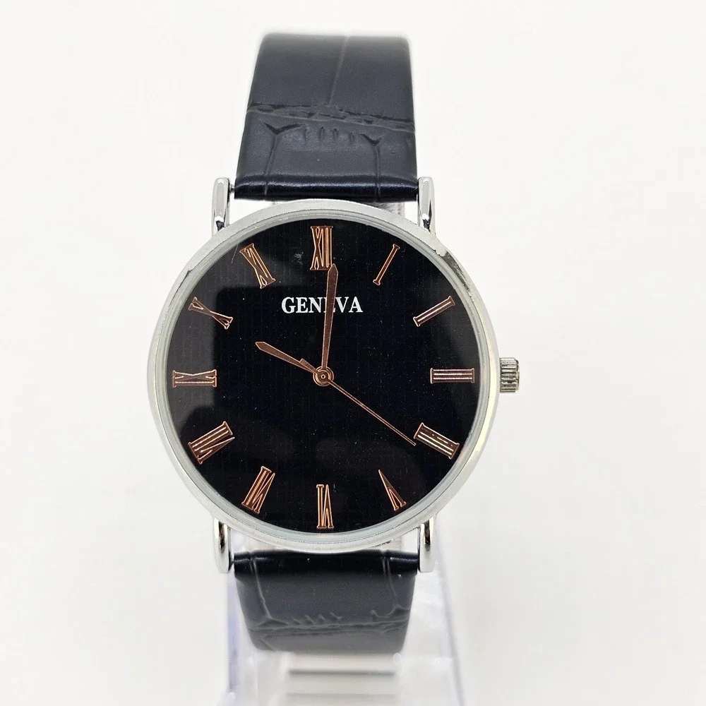 Men's Analog Watch 38MM Black Dial Black Faux Leather Bands New Battery